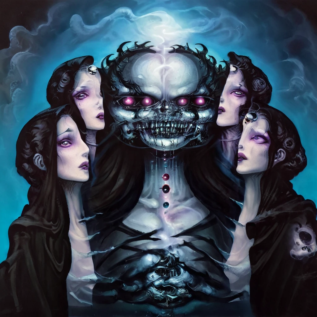 High Resolution, High Quality , Masterpiece .Hyper-realistic ink drawing with surreal colors, elements of absurdity in the style of Gerald Brom featuring post mortems aflame as a reference to tim Burton,bloodletting, broken hearts, pillls, and hemoglobin bubbles ascending into a firie sky, chiaroscuro lighting enhancing symbols of departed love, a Ufo adorned with angels emitting an air of melancholy, atmospheric mood. Macabre horror,scary stories slight details, surrealism, expressionism
