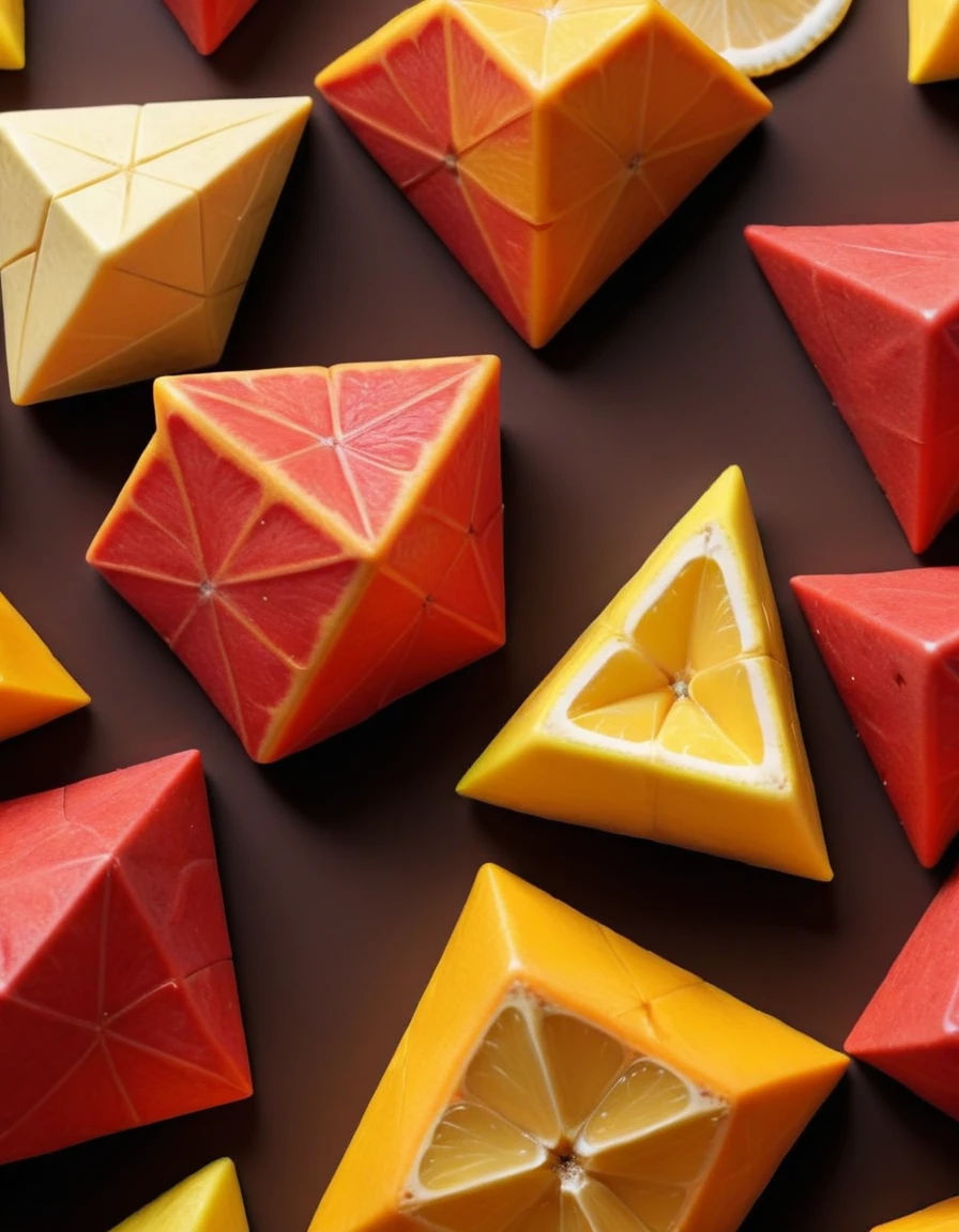 (irregular pattern with squares pentacles and triangles on a white background, chocolate brown and mango orange and strawberry red and lemon yellow colors cheme), closeup, macroscopic photo, hyperdetalization, hyperrealism, beautiful foreshortening, cinematic, glow, reflexes, illuminated ((dominant three colors))