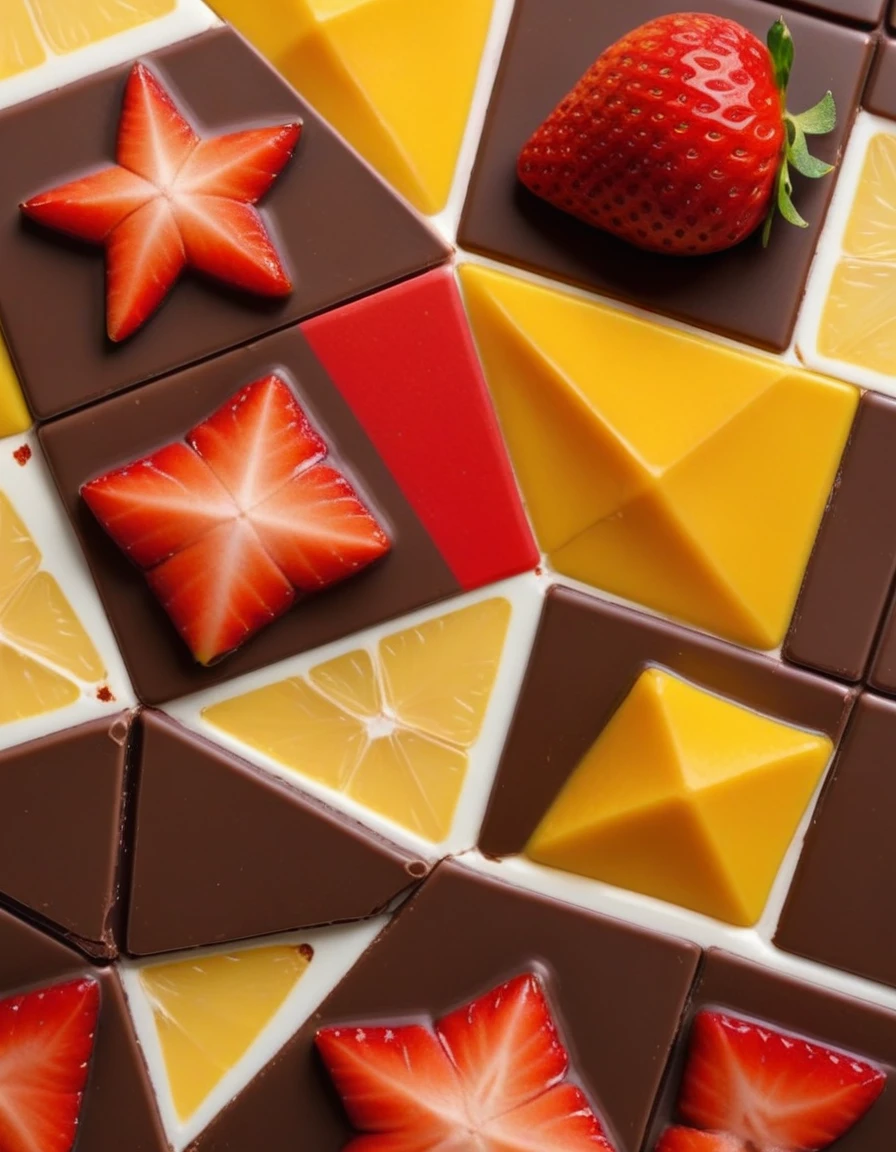 (irregular pattern with squares pentacles and triangles on a white background, chocolate brown and mango orange and strawberry red and lemon yellow colors cheme), closeup, macroscopic photo, hyperdetalization, hyperrealism, beautiful foreshortening, cinematic, glow, reflexes, illuminated ((dominant three colors))