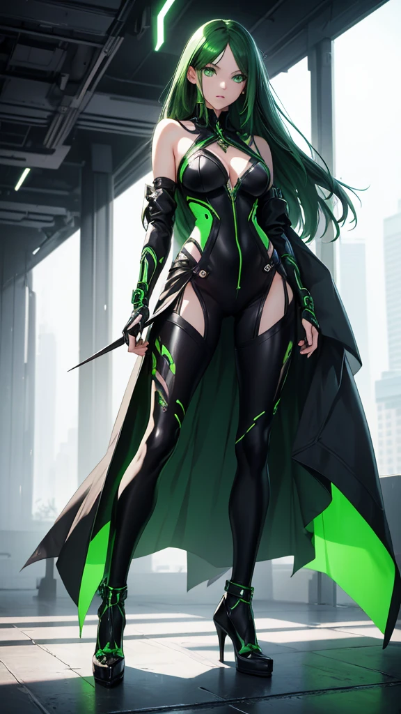 masterpiece, highest quality, (solo focus), (perfect face:1.1), (full body), (high detail:1.1), (hyper-detailed eyes), dramatic, a woman with pale skin and voluminous dark green-black hair, green eyes, solo, two-toned hair, arrogant expression, cybernetic outfit, heels, art by artgerm, cinematic lighting, fashion, BalenciagaStyle