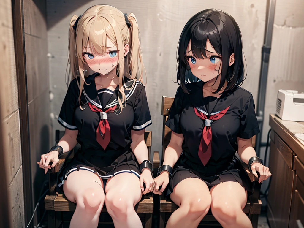 2 middle school girls, tied to chairs, strapped to chairs, (ankle cuffs, wrist cuffs, ankles tied, wrists tied), ((inside basement, torture room)), (blushing:1.5), (worried:1.5), (agony face:1.5), ((blushing, agony face, worried, scared)), (tight clothing, short sleeves, sailor uniform, mini skirt), perfect body, perfect eyes, beautiful eyes, detailed eyes, big thighs, provocative