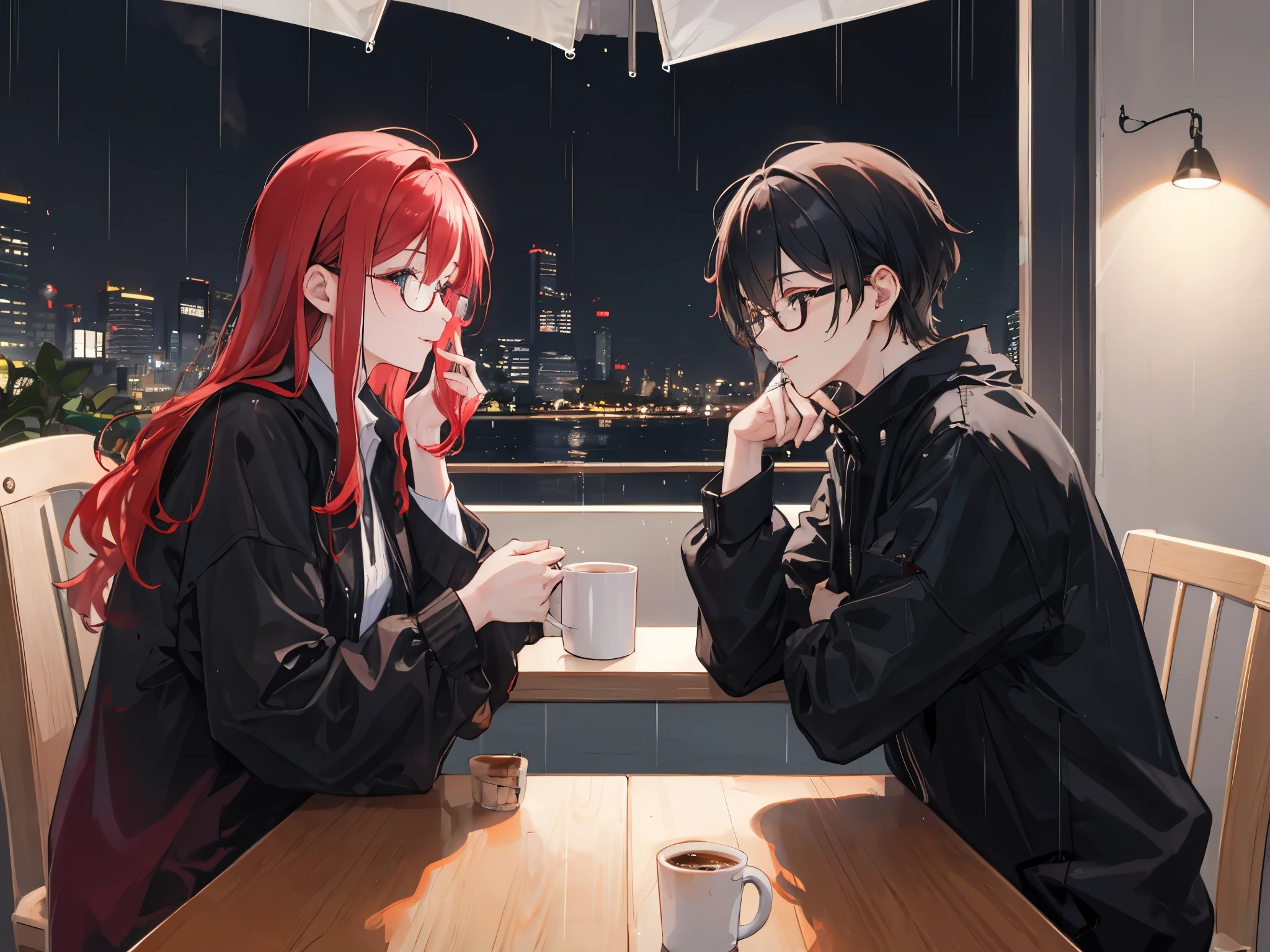 A red-haired woman and a black-haired man with glasses are drinking coffee and talking happily at night, it is raining