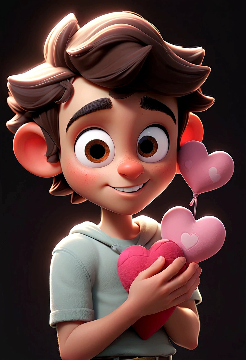 A Pixar-style teenager character named Cupido, with a goofy smile, bright eyes, and holding a plush heart. He is always blushing and has a dreamy look."