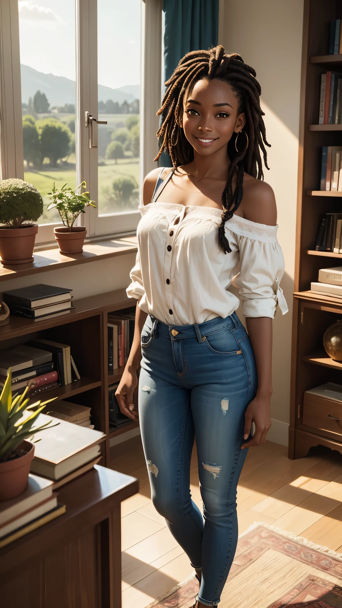 high-quality student style, 28-year-old, skinny and delicate, pretty African dark-skinned, shoulder long dreads hair, standing, wearing loose jeans, blouse, smiling, waving at the viewer, cozy room view, many plants on the wall, plants in a vase, books, computer desk, ultra-wide monitor, a library of books., countryside view. stylish fashion, best quality, realistic, masterpiece