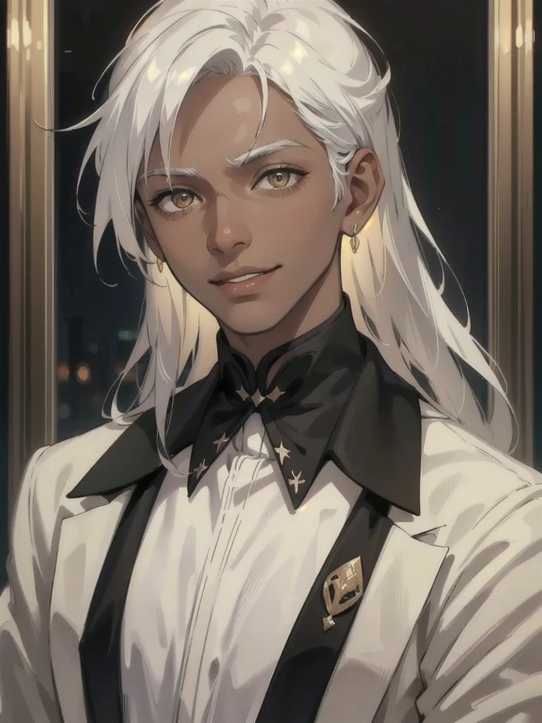 a very dark-skinned person, golden eyes, long white hair, white shirt, smiling, portrait, dark background, (((person))), elongated face, business suit, best quality, 4k, 8k, highres, masterpiece:1.2, ultra-detailed, realistic, photorealistic, photo-realistic:1.37, studio lighting, ultra-fine painting, sharp focus, physically-based rendering, extreme detail description, professional, vivid colors, portraits