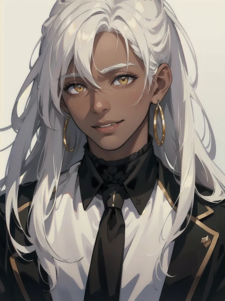 a very dark-skinned person, golden eyes, long white hair, white shirt, smiling, portrait, dark background, (((person))), elongated face, business suit, best quality, 4k, 8k, highres, masterpiece:1.2, ultra-detailed, realistic, photorealistic, photo-realistic:1.37, studio lighting, ultra-fine painting, sharp focus, physically-based rendering, extreme detail description, professional, vivid colors, portraits