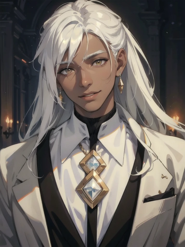 a very dark-skinned person, golden eyes, long white hair, white shirt, smiling, portrait, dark background, (((person))), elongated face, business suit, best quality, 4k, 8k, highres, masterpiece:1.2, ultra-detailed, realistic, photorealistic, photo-realistic:1.37, studio lighting, ultra-fine painting, sharp focus, physically-based rendering, extreme detail description, professional, vivid colors, portraits