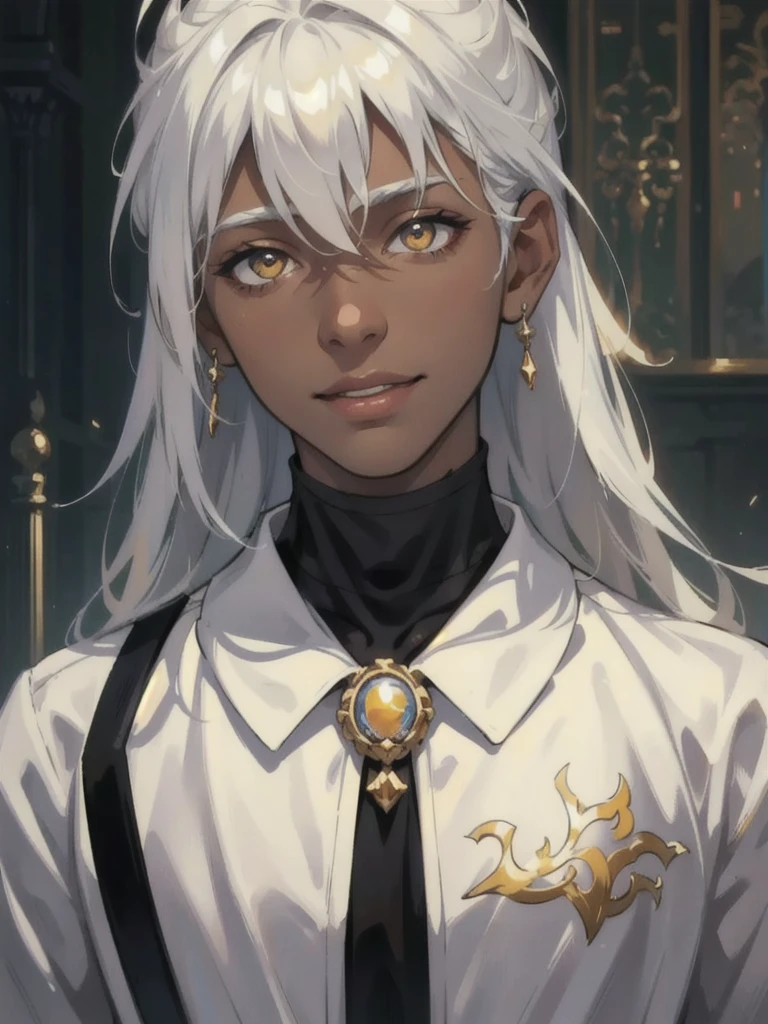 a very dark-skinned person, golden eyes, long white hair, white shirt, smiling, portrait, dark background, (((person))), elongated face, business suit, best quality, 4k, 8k, highres, masterpiece:1.2, ultra-detailed, realistic, photorealistic, photo-realistic:1.37, studio lighting, ultra-fine painting, sharp focus, physically-based rendering, extreme detail description, professional, vivid colors, portraits