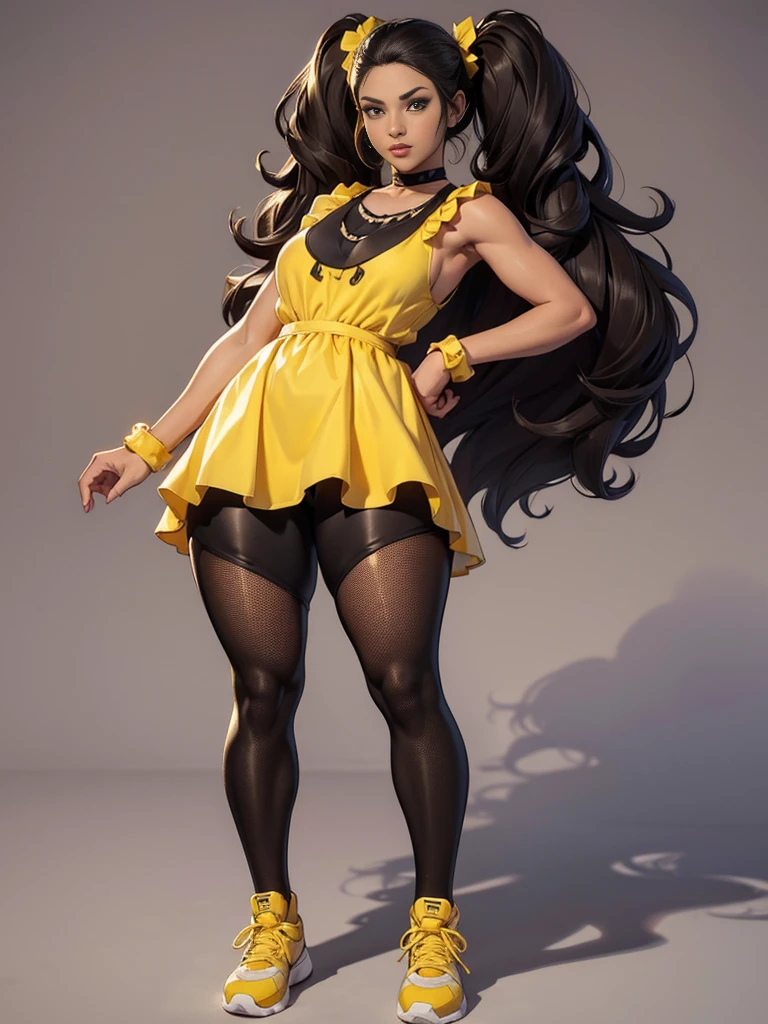 ((best quality)), ((4k)), ((highres)), ((masterpiece:1.2)). ((detailed)), ((ultra realistic)), ((intricate details)), ((full body picture)), ((character design sheet)), ((blank background)), ((standing in a blank background)), full body shot of a beautiful black female, ebony beauty, woman, 18 years old girl, dark brown skin, about 5'5 ft. tall, bushy long curly black hair, ((bushy long curly hair)), long hair, high pigtails, dressed in a yellow sleeveless babydoll dress, ((EMPHASIS ON HER YELLOW SLEEVELESS BABYDOLL DRESS)), black SHINY leggings PANTS and sneakers, fighting game character design, tekken character design, the king of fighters character concept art, character concept art, full body, 18 years old female fighter, girly girl, cute girl, girly fighter character concept art