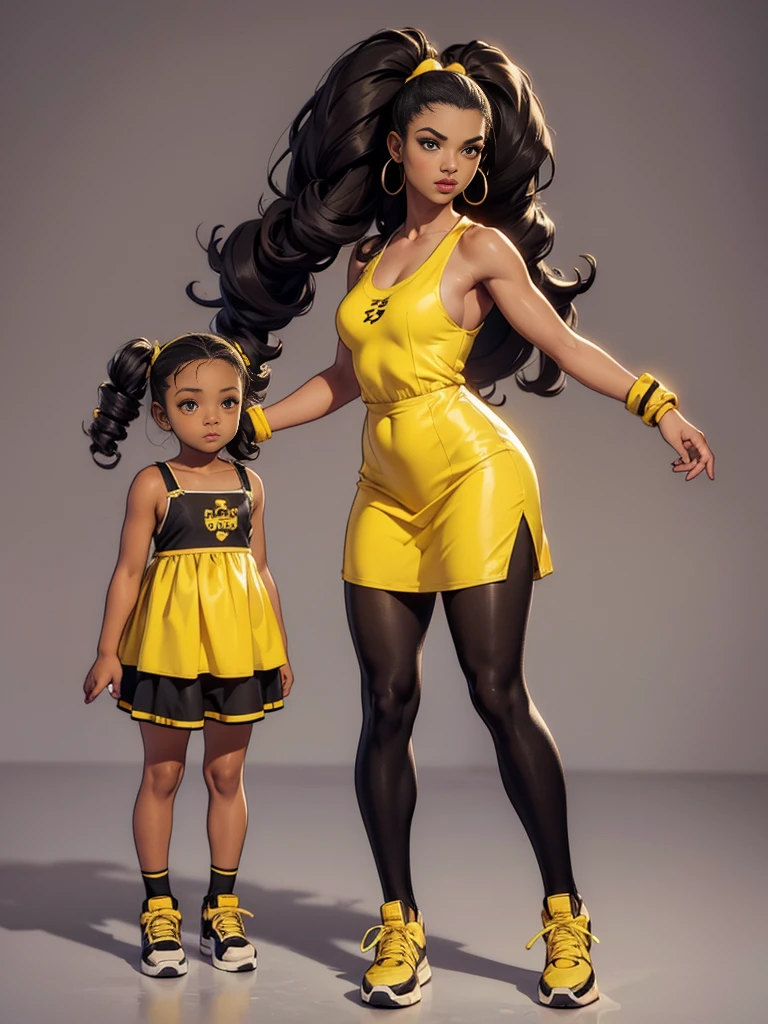 ((best quality)), ((4k)), ((highres)), ((masterpiece:1.2)). ((detailed)), ((ultra realistic)), ((intricate details)), ((full body picture)), ((character design sheet)), ((blank background)), ((standing in a blank background)), full body shot of a beautiful black female, ebony beauty, woman, 18 years old girl, dark brown skin, about 5'5 ft. tall, bushy long curly black hair, ((bushy long curly hair)), long hair, high pigtails, dressed in a yellow sleeveless babydoll dress, ((EMPHASIS ON HER YELLOW SLEEVELESS BABYDOLL DRESS)), black SHINY leggings PANTS and sneakers, fighting game character design, tekken character design, the king of fighters character concept art, character concept art, full body, 18 years old female fighter, girly girl, cute girl, girly fighter character concept art
