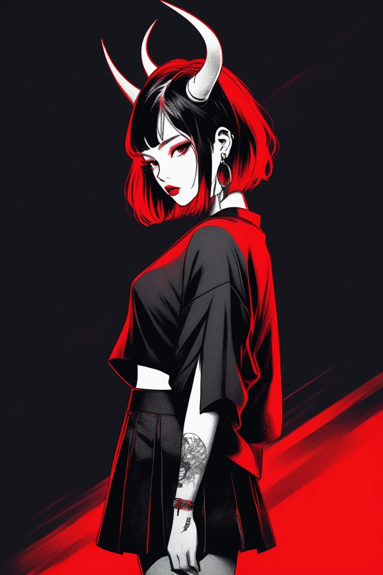 (best quality, sketch:1.2),realistic,illustrator,anime,1 girl with horns, detailed lips,custom, short skirt, black and red gradient background,neon hair,textured cropping, masterpiece, style retro classic, noir style , Japanese style, full body ((monochrome))