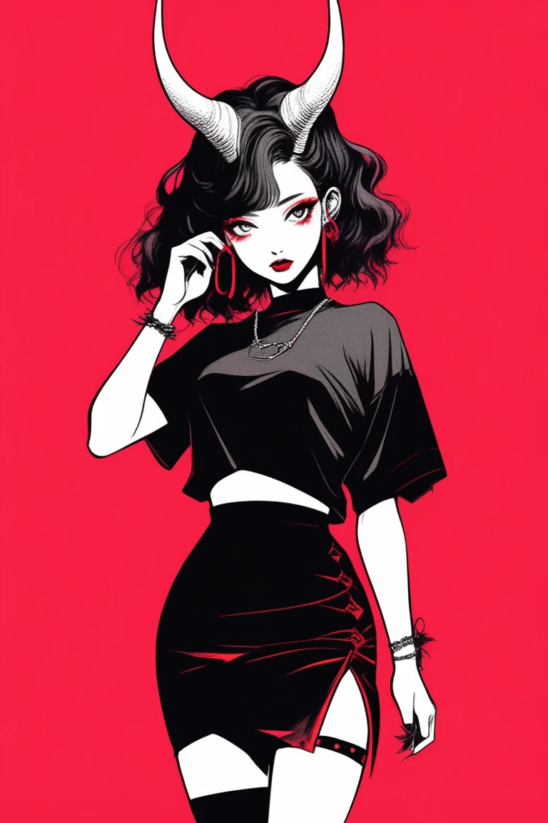 (best quality, sketch:1.2),realistic,illustrator,anime,1 girl with horns, detailed lips,custom, short skirt, black and red gradient background,neon hair,textured cropping, masterpiece, style retro classic, noir style , Japanese style, full body ((monochrome))