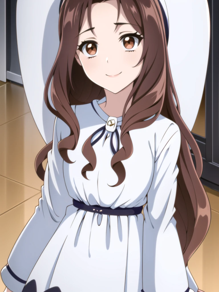 ((Best quality))), ((Ultra-detailed)), ((illustration)), ((Disheveled hair)), ((frilld)), (1 girl), (Solo),1girl, closed_mouth, looking_at_viewer, solo, rating:safe, arms_behind_back, bangs, black_bow, blush, bow, clothing, dress, eyebrows_visible_through_hair, female, female_only, fur_hat, hair_flaps, hat, head_tilt, headwear, long_hair, long_sleeves, sidelocks, smile, very_long_hair brown eyes,brown hair,