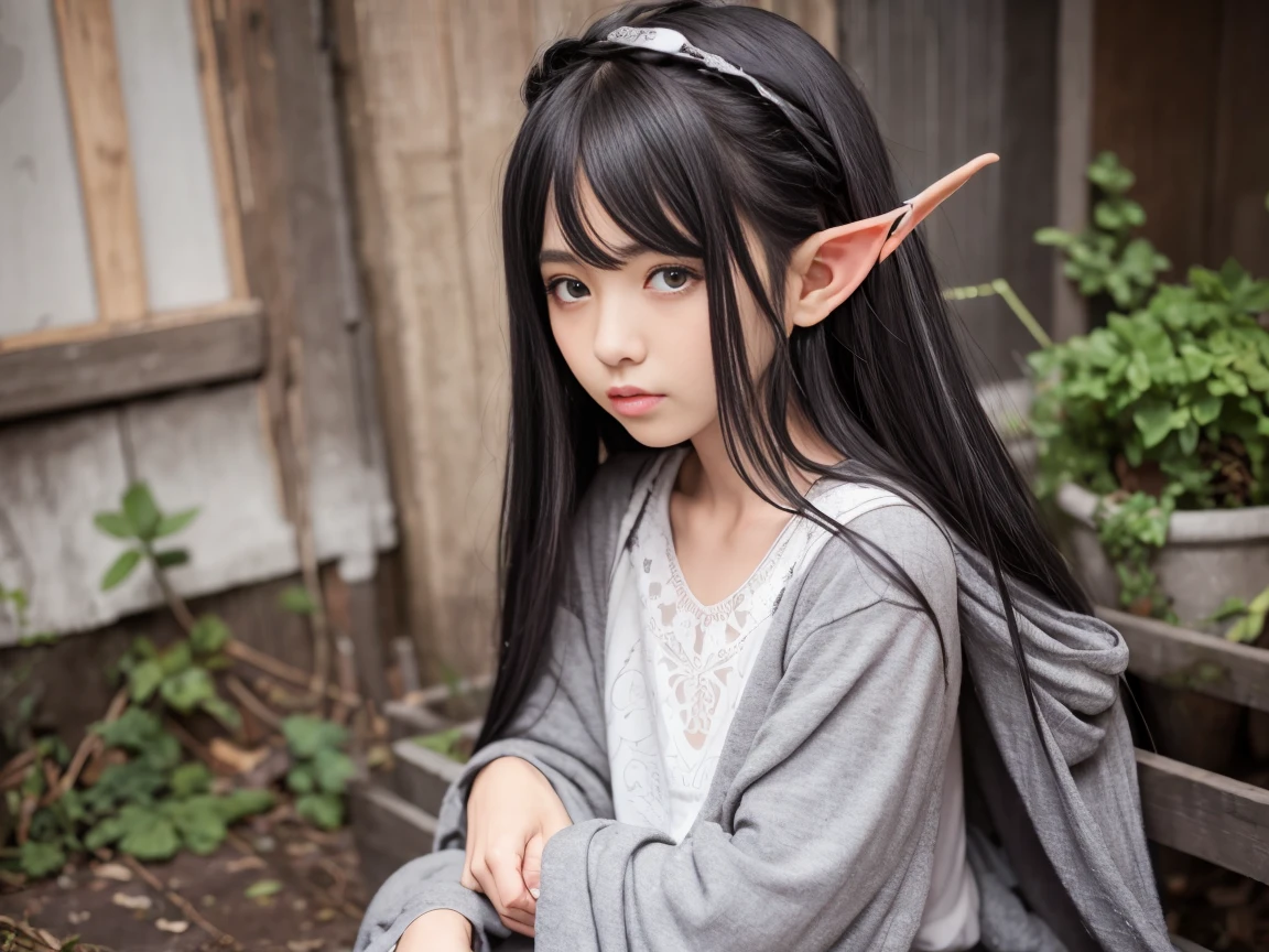 8Old Elf Girl、Medium-long black hair、Grey Eyes、Wearing only a man's black T-shirt、No bottoms worn、Dark bedroom、Provocative facial expression、Full body portrait、Lying down