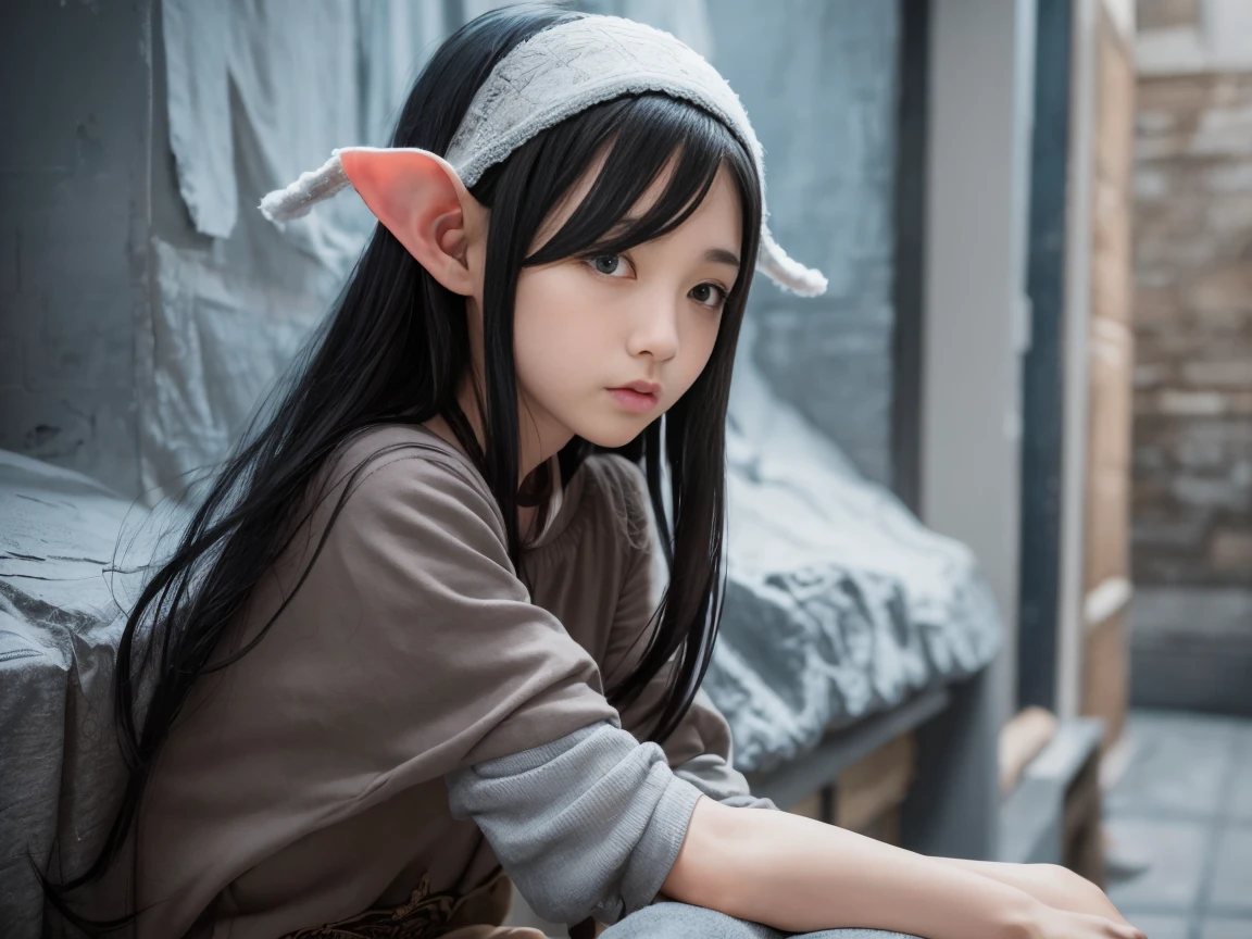 8Old Elf Girl、Medium-long black hair、Grey Eyes、Wearing only a man's black T-shirt、No bottoms worn、Dark bedroom、Provocative facial expression、Full body portrait、Lying down