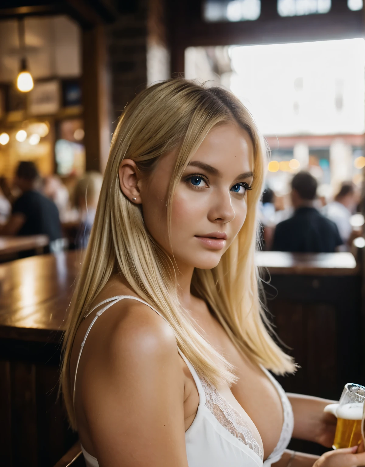 Pretty sexy cute curvy 18 year old blond female sitting outside in a busy pub beer garden , exposing nipple , squeezing tits , ((pointed upturned nose)) , wearing white open white shirt  , exposing sholder, seductive expression , (pouting lips:1) (8k, RAW photo, highest quality), (detailed eyes:0.8), defiance512, (looking at the camera:1.4), (highest quality), (best shadow), intricate details, interior, blond hair:1.3, dark studio, muted colors,  hands on head , (( many people in the background )) , nsfw , high sharpness