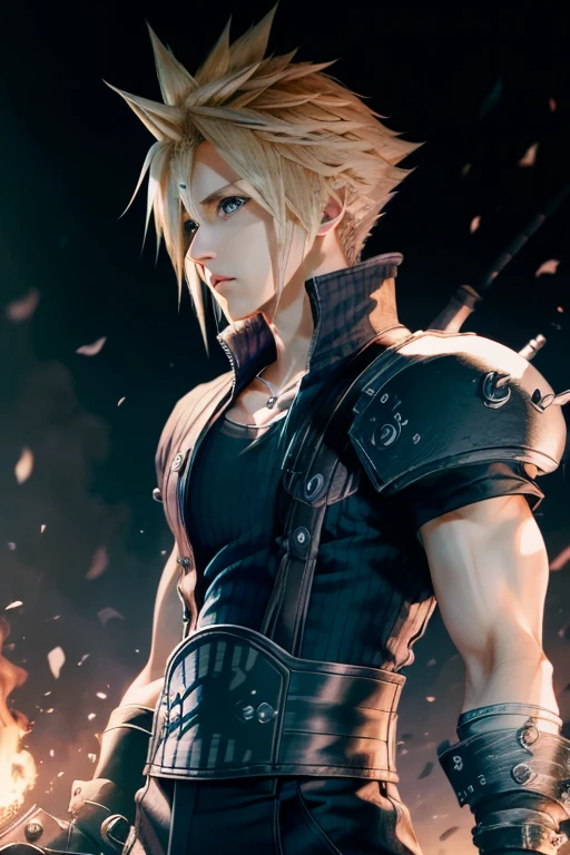 (Highest qualityのディテール:1.2, Realistic, 8K Ultra HD, High resolution, Tabletop, Highest quality, figure, Super detailed, In detail, High resolution, born:1.3), Perfect body, (((One Man))), Standing tall in the middle of a burning city、He has a very large sword on his back、Facing forward、Close-up of a person, (((Cloud Strife))), a photo of Cloud Strife, Glowing Eyes, Glare、Sharp Eyes、nice, sf, fire, Cloud Strife From Final Fantasy, Suncred Waters, A mix of Johan Liebert and Alucard, From Final Fantasy, Amazing anime 8k, Shining,The whole body is shown