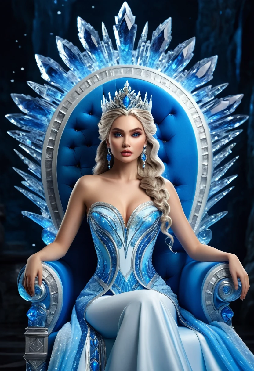 Arafed a picture of a an ice goddess sitting on her frozen throne, wearing white and blue royal dress, glamorous dress, dynamic hair, bold intense eyes, extremely exquisite beautiful queen, perfect body, (anatomically correct: 1.3), ultra feminine, ultra detailed face, dark blue lips, azure glowing eyes, she sits on a (throne made from ice: 1.3) of regality, and might, throne carved from ice , legendary symmetric design, with (many carvings in the ice: 1.3), dynamic caevings on the handles decorated with diamonds, and blue gems, fantasy ice goddess hall room background, (masterpiece: 1.4) intense details, highly detailed, photorealistic, best quality, highres,16k, (ultra detailed:1.3(, masterpiece, best quality, (extremely detailed), close up, ultra wide shot, photorealistic, RAW, fantasy art, dnd art, fantasy art, realistic art,((best quality)), ((masterpiece)), (detailed: 1.5), ral-ntrgmstn