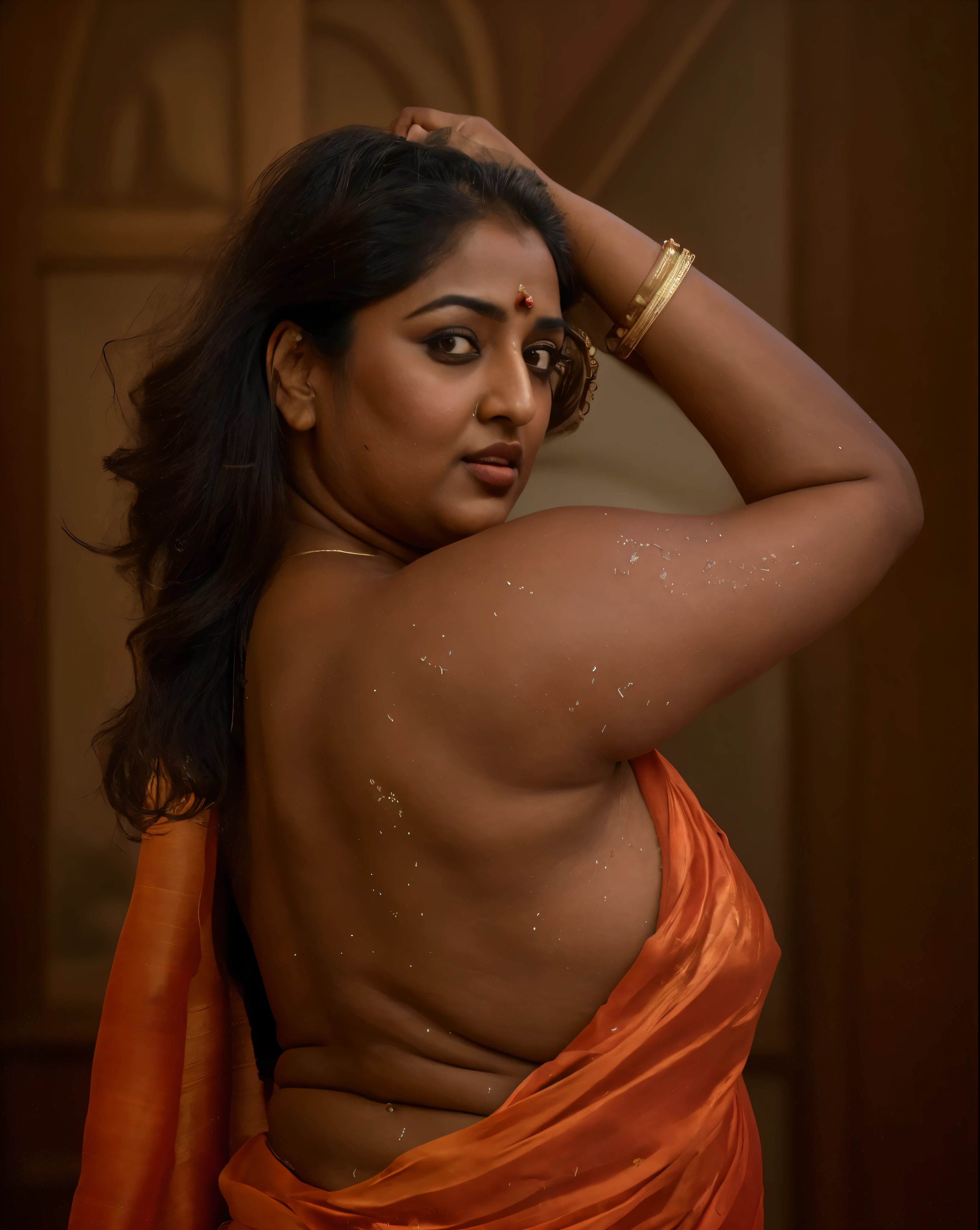 Foto RAW, photorealistic, photography, full body shot, 50 years old Woman, master shot, perfect eyes, goddess like beauty, pierced eyes, perfect thick chubby mallu Desi aunty bhabhi, Wearing a Stanapatta, a chest-band.Saree model, model Photography, Indian saree shoot, Indian traditional wear advertising photography, traditional wear brand shoot, face of Indian actress Sonakshi Sinha, masterpiece, realistic, realism, incredible details,  pleasure, photorealism, detailed skin, skin pores, high contrast, photorealistic Artstation 8k HD digital art trend of high definition and detailed realistic skin texture, ultra detail, realistic skin texture, armature, best quality, ultra high definition, (photorealistic:1.4),, high resolution, detail, raw photo, sweat, Re sharp, by Lee Jefferies Nikon D850 Film Stock Photo 4 Kodak Portra 400 Camera F1.6 Lens Rich Color Ultra Real Realistic Realistic Textures Dramatic Lighting Unreal Engine Trending at Art Station Cinestill 800,(pele altamente detalhada: 1.2), 8k UHD, DSLR, soft-lighting, alta qualidade, grain of film, Fujifilm XT3,she didn't like to wear blouse or bra, she is happy to wear only saree, she hates blouse or bra, detailed hairy armpits, hyper realistic skin, skin pores, sweat, veins, 