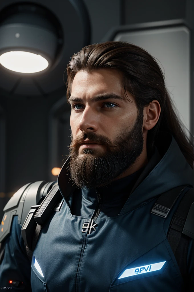 Nova Starsniper, ((Male)), sci fi, soldier, commander, male, long hair, beard, ((best quality, 8k, realistic, masterpiece))
