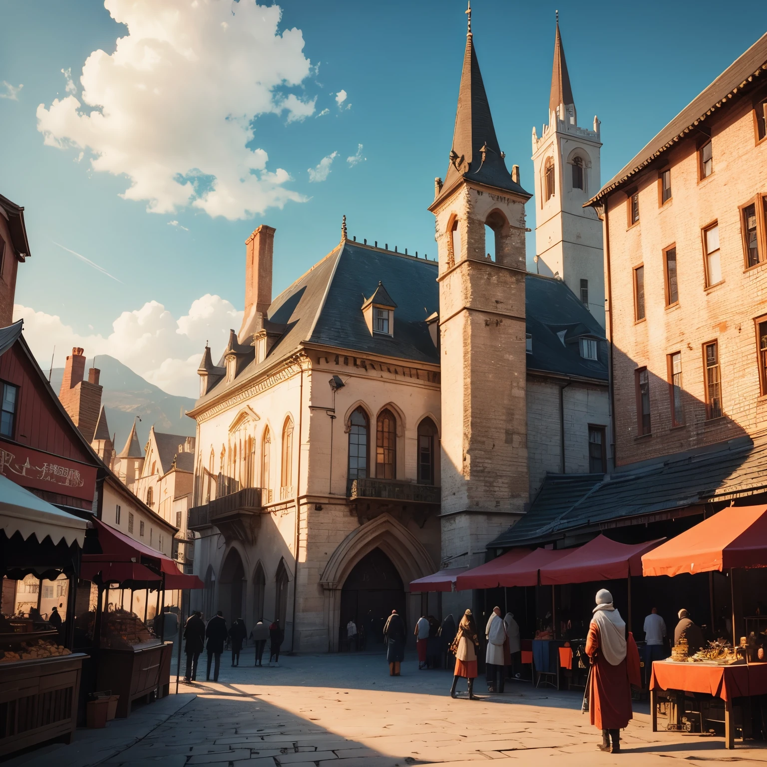 (masterpiece, 4k resolution, very detailed),[(white brick wall),(orange roof), (red roof), (cobblestone), (road bustling), (vendors, shouting, customer, living street) (Background crowded in medival), (wizard, warrior, hunter)] # Explanation : Oxenfurt is a city full of students. A large university is located in the middle of the city, surrounded by houses. and many shops People crowded the streets, fine hair textture, beautyful detail eyes, extremely detail, cinematic light, bird's eye view