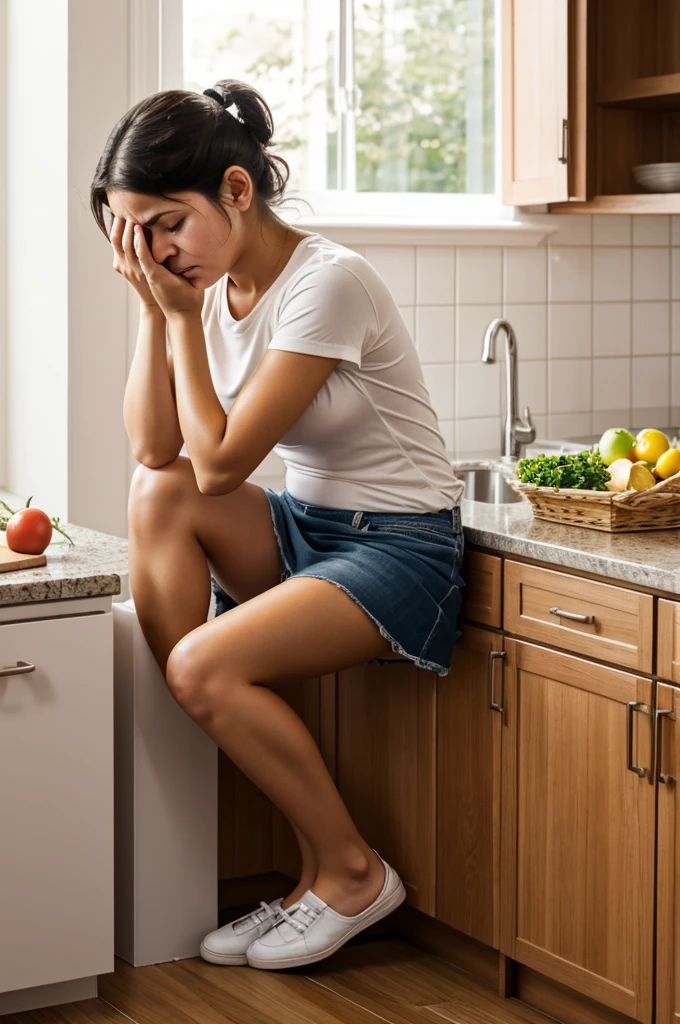 Sad girl sitting in the kitchen, she is crying