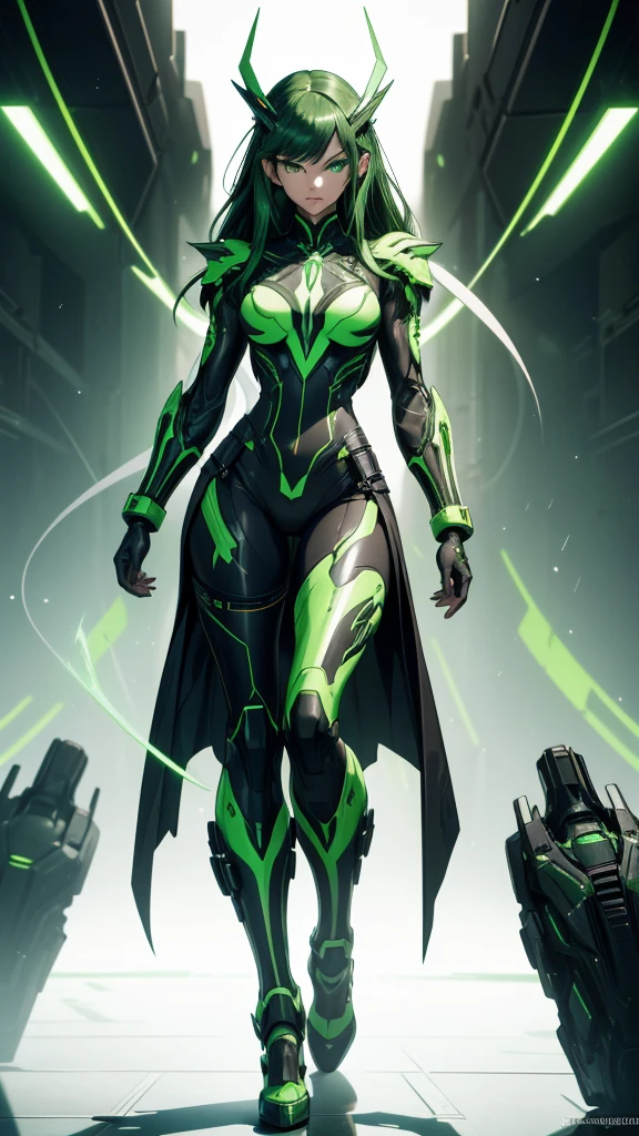 masterpiece, highest quality, (solo focus), (perfect face:1.1), (full body), (high detail:1.1), (hyper detailed eyes), dramatic, a woman with paleskin and long dark green hair, green eyes, solo, arrogant expression, neon cybernetic outfit, heels, white background, art by artgerm, cinematic lighting, fashion, BalenciagaStyle
