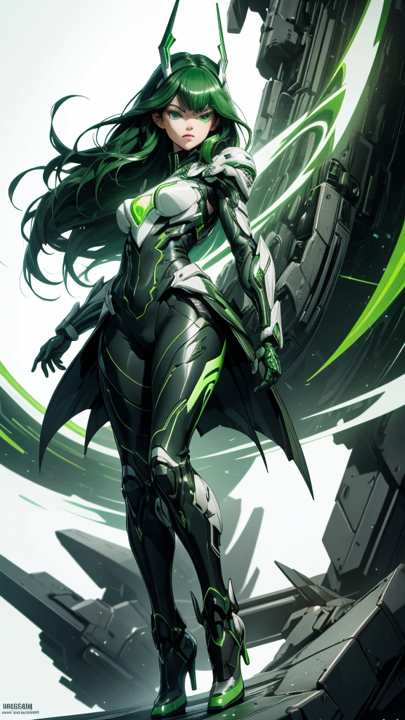 masterpiece, highest quality, (solo focus), (perfect face:1.1), (full body), (high detail:1.1), (hyper detailed eyes), dramatic, a woman with paleskin and long dark green hair, green eyes, solo, arrogant expression, neon cybernetic outfit, heels, white background, art by artgerm, cinematic lighting, fashion, BalenciagaStyle