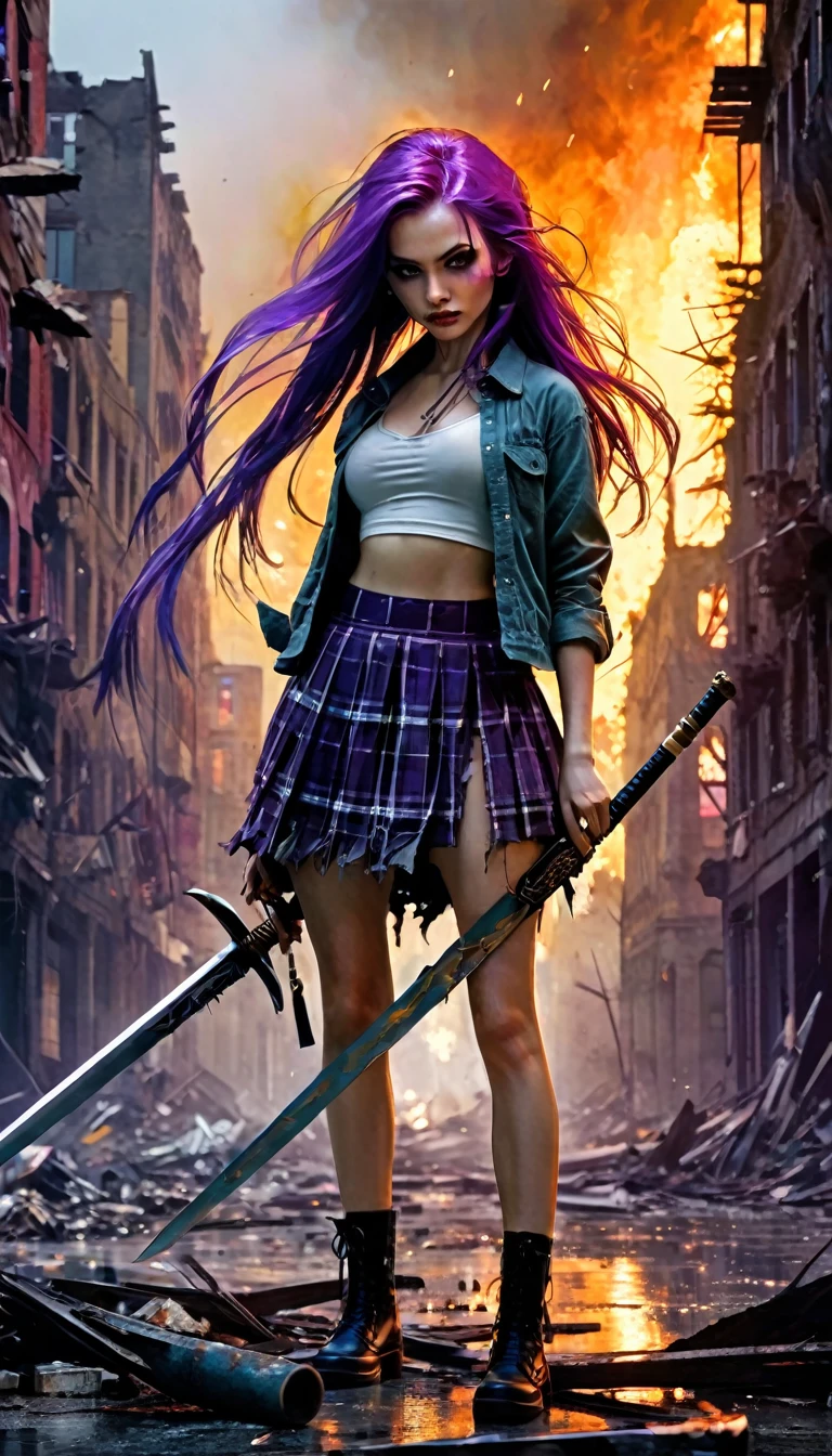 a very sexy girl with long purple hair, open shirt, plaid skirt, holding a sword in a dynamic position, in a scene of a destroyed city with fire, (best quality,4k,8k,highres,masterpiece:1.2),ultra-detailed,(realistic,photorealistic,photo-realistic:1.37),oil painting,concept art,dynamic,dramatic lighting,moody colors,sharp focus,intricate details,highly detailed,vivid colors,cinematic composition,dark fantasy,atmospheric,Skottie Young and Bill Sienkiewicz inspired
