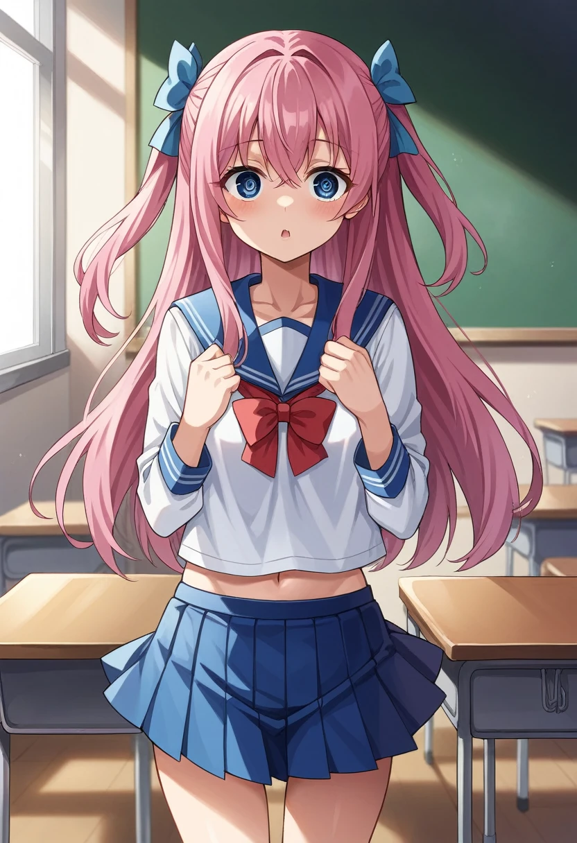 nodokaharamura, nodoka haramura, blue eyes, hair bow, long hair, pink hair, bow,
BREAK blue skirt, kiyosumi very short , pleated skirt, , serafuku, short skirt, blue panties, naked ,
BREAK looking at viewer,
BREAK indoors, classroom,
BREAK (masterpiece:1.2), best quality, high resolution, unity 8k wallpaper, (illustration:0.8), (beautiful detailed eyes:1.6), extremely detailed face, perfect lighting, extremely detailed CG, (perfect hands, perfect anatomy),