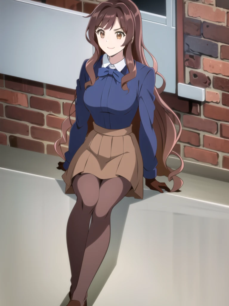 ((Best quality))), ((Ultra-detailed)), ((illustration)), ((Disheveled hair)), ((frilld)), (1 girl), (Solo), 1girl, brick_wall, flower, looking_at_viewer, solo, rating:safe, bangs, black_bow, black_footwear, black_gloves, blue_bow, blue_shirt, blue_skirt, blunt_bangs, boots, bow, brown_legwear, brown_pantyhose, closed_mouth, clothing, corset, dress_shirt, eyebrows_visible_through_hair, female, footwear, gloves, knee_boots, legwear, long_hair, long_sleeves, miniskirt, pantyhose, shirt, sitting, skirt, smile, straight_hair, very_long_hair, blurry brown eyes,brown hair,