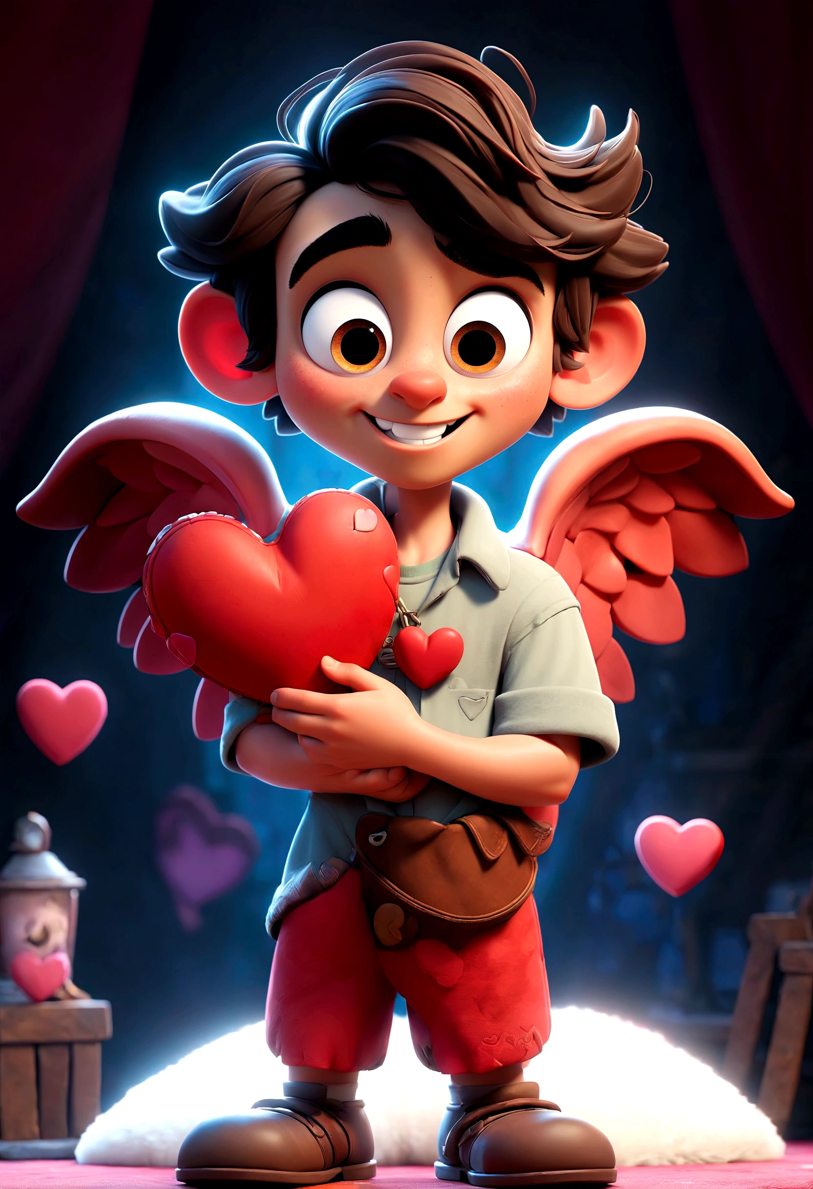 A Pixar-style teenager character named Cupido, with a goofy smile, bright eyes, and holding a plush heart. He is always blushing and has a dreamy look."