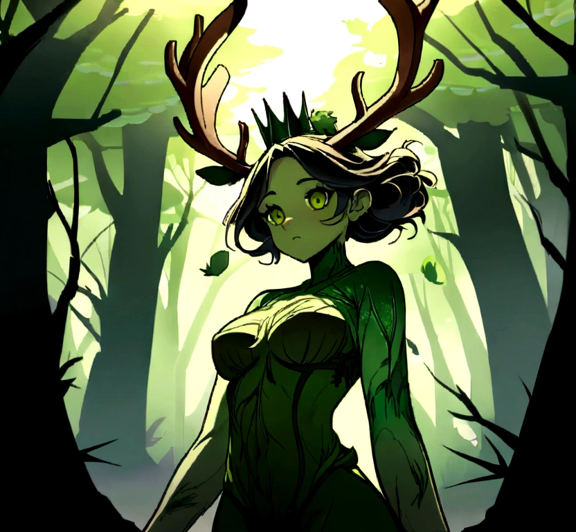 A humanoid being like a dryad with plants coming out of its skin, (black skin)