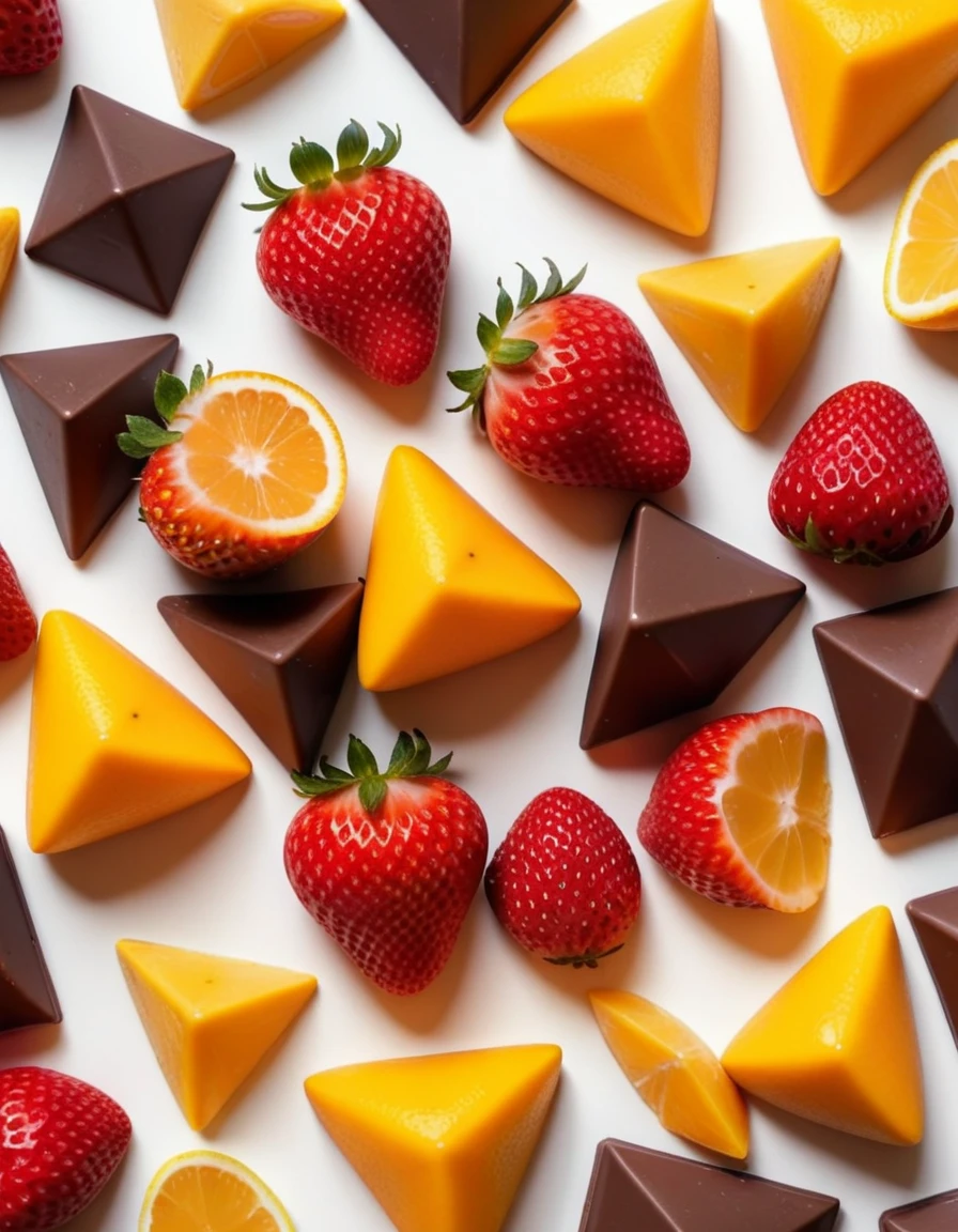 (-strawberry berry), (irregular pattern with squares pentacles and triangles on a white background, chocolate brown and mango orange and strawberry red and lemon yellow colors cheme), closeup, macroscopic photo, hyperdetalization, hyperrealism, beautiful foreshortening, cinematic, glow, reflexes, illuminated ((dominant three colors))