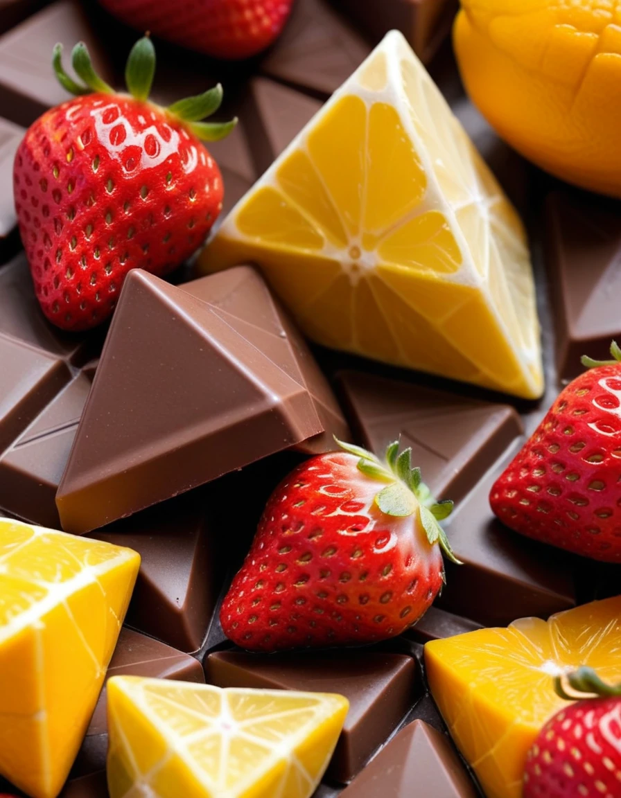 (-strawberry berry), (irregular pattern with squares pentacles and triangles on a white background, chocolate brown and mango orange and strawberry red and lemon yellow colors cheme), closeup, macroscopic photo, hyperdetalization, hyperrealism, beautiful foreshortening, cinematic, glow, reflexes, illuminated ((dominant three colors))