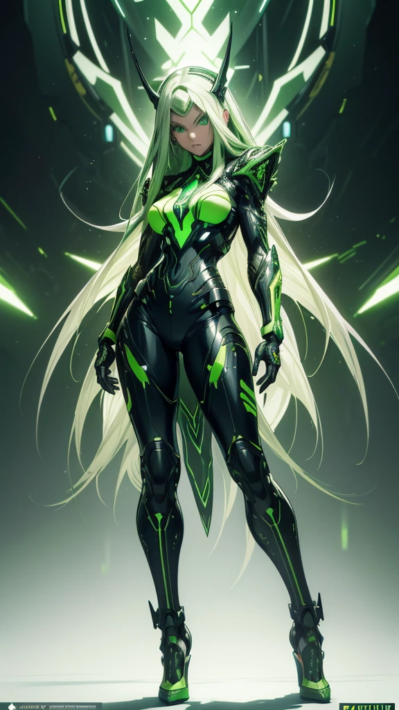 masterpiece, highest quality, (solo focus), (perfect face:1.1), (full body), (high detail:1.1), (hyper detailed eyes), dramatic, a woman with paleskin and long dark green hair, green eyes, solo, arrogant expression, neon cybernetic outfit, heels, white background, art by artgerm, cinematic lighting, fashion, BalenciagaStyle