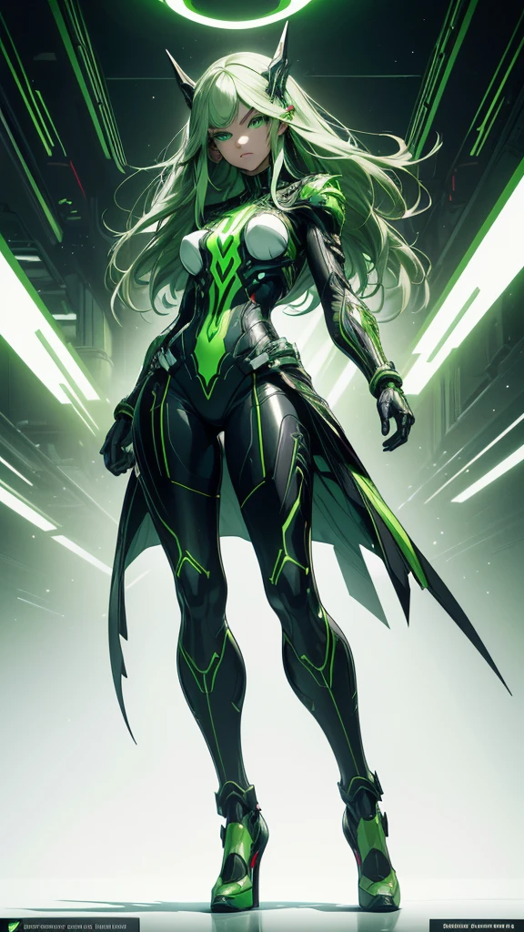 masterpiece, highest quality, (solo focus), (perfect face:1.1), (full body), (high detail:1.1), (hyper detailed eyes), dramatic, a woman with paleskin and long dark green hair, green eyes, solo, arrogant expression, neon cybernetic outfit, heels, white background, art by artgerm, cinematic lighting, fashion, BalenciagaStyle