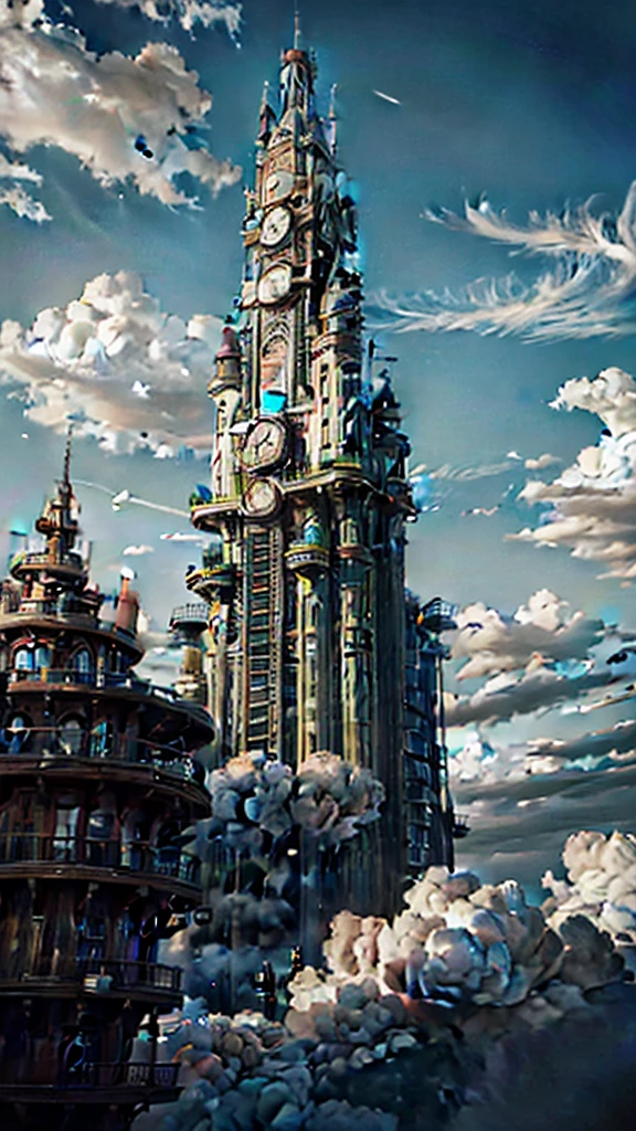 super detaill, High details, high qualiy, 8K, miyazaki style, a steampunk style city floating in the sky, clouds and diverse architecture, exuding mystery and technology --v 6
