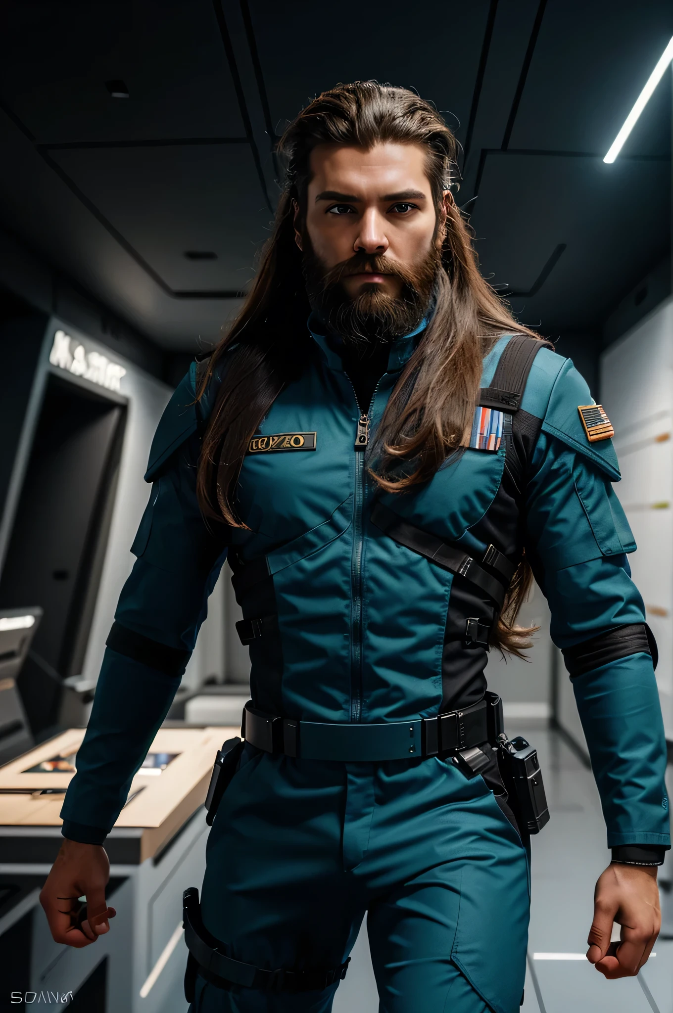 Nova Starsniper, ((Male)), sci fi, soldier, commander, male, long hair, beard, ((best quality, 8k, realistic, masterpiece))