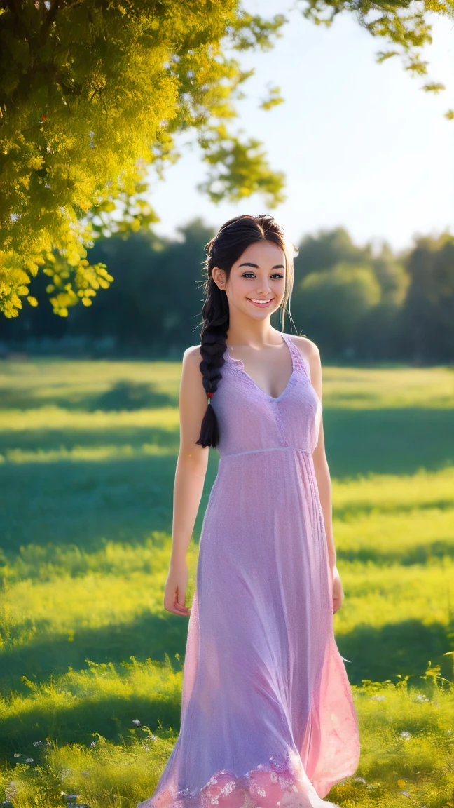 A photo of a TOK person, 1girl, 20 years old, tall and attractive, wearing a cute country dress, hair braided, standing in a rustic farm setting. She has a soft, gentle smile and expressive eyes. In the background are charming barns, golden wheat fields and clear blue skies. The composition should be bathed in warm golden hour light, with soft depth of field and soft bokeh to accentuate the idyllic tranquility. Capture images as if they were shot on vintage 35mm film for added oomph, filmg,