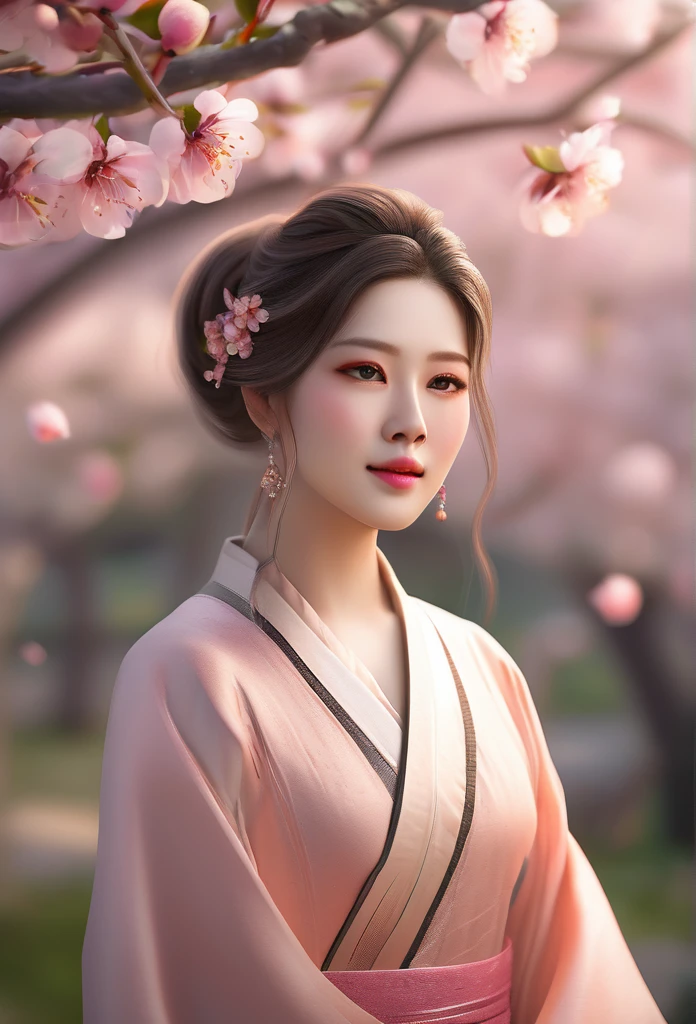 a beautiful young woman with peach-colored skin, long flowing hair, and a serene expression on her face, standing in a lush garden surrounded by blooming peach trees, soft natural lighting, delicate peach blossom petals floating in the air, a sense of tranquility and harmony, (best quality,8k,highres,masterpiece:1.2),ultra-detailed,(realistic,photorealistic,photo-realistic:1.37),intricate details, delicate colors, cinematic lighting, serene landscape, peach blossom, natural beauty, tranquil garden, elegant pose, soft focus