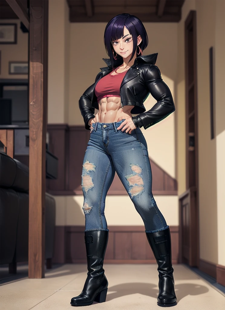 ((best quality)), ((muito detalhado)), ​masterpiece, most absurd, (detailled eyes, deep eyes), (((1 girl))), Perspective distortion, contrasted, Stand, ((legs auseinander)), crossed arms, ((Full-shot)), (from bottom), Viewers look at, jirou2, purple hair, shorth hair, bangs, black eyes, long earlobes, small breasts, smiling, (Facial spots), neck ribbon, rotes Shirt, , leather jacket, black jacket, open jacket, white fingerless gloves, ((Lange Jeans Hose)), boots, (indoors, in a hall), ((Bodybuilder)), ((((extremely muscular)))), young woman, Muscular, legs ,  Muscular Arme,  Muscularr Oberkörper,  Muscular Bauchmuskeln 