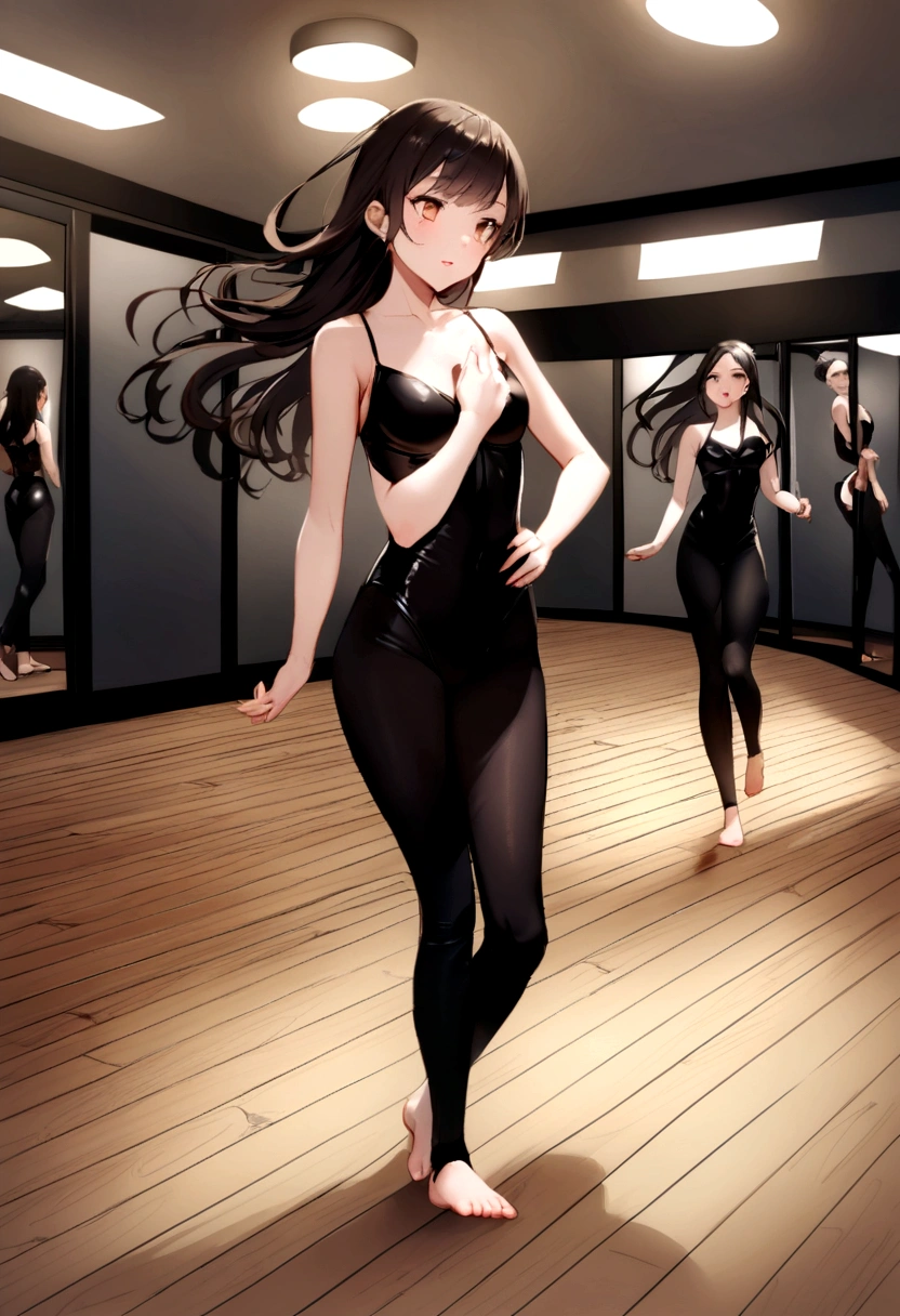 Create an image of a young woman, aged 23, who is a professional dancer. She has long, flowing hair, a slim and athletic build, and is dressed in stylish dancewear (such as a leotard and leggings). She is in the middle of a dance routine, captured in motion, with a joyful and energetic expression on her face. The background is a modern dance studio with mirrors and wooden floors.