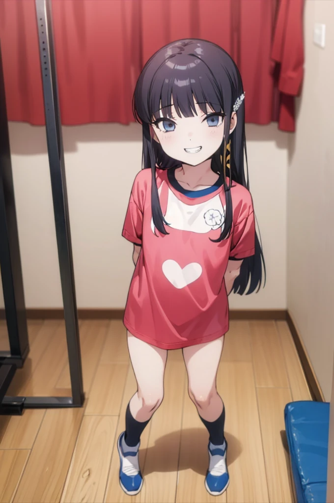 solo, 1girl, looking at viewer, , miyuki shiba, , , looking at viewer, smile,,,spoken heart,6yo,(petite),flat chest,grin,my room,socks,,buruma,gym shirts