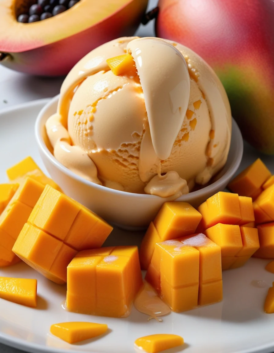 (mango fruit and mango fruit pieces and mango ice cream on a white plate), closeup, macroscopic photo, hyperdetalization, hyperrealism, beautiful foreshortening, cinematic, glow, reflexes, illuminated ((dominant three colors))