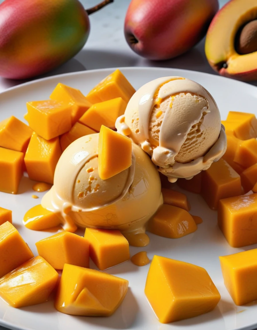 (mango fruit and mango fruit pieces and mango ice cream on a white plate), closeup, macroscopic photo, hyperdetalization, hyperrealism, beautiful foreshortening, cinematic, glow, reflexes, illuminated ((dominant three colors))