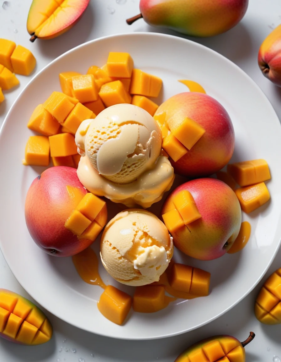 (mango fruit and mango fruit pieces and mango ice cream on a white plate), closeup, macroscopic photo, hyperdetalization, hyperrealism, beautiful foreshortening, cinematic, glow, reflexes, illuminated ((dominant three colors))