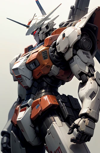Highest quality、Fantasy、masterpiece、The whole body of a giant robot like Gundam、The base color is off-white with pale sky-colored lines.、No fixed armament、Glossy body with exquisite details、Well-proportioned limbs、Detailed depiction of the knight'Helmet-like head、A precisely drawn Gundam-like face、Goggle Eye、Floating in space、Shining in the sunshine、Space War、explosion、light