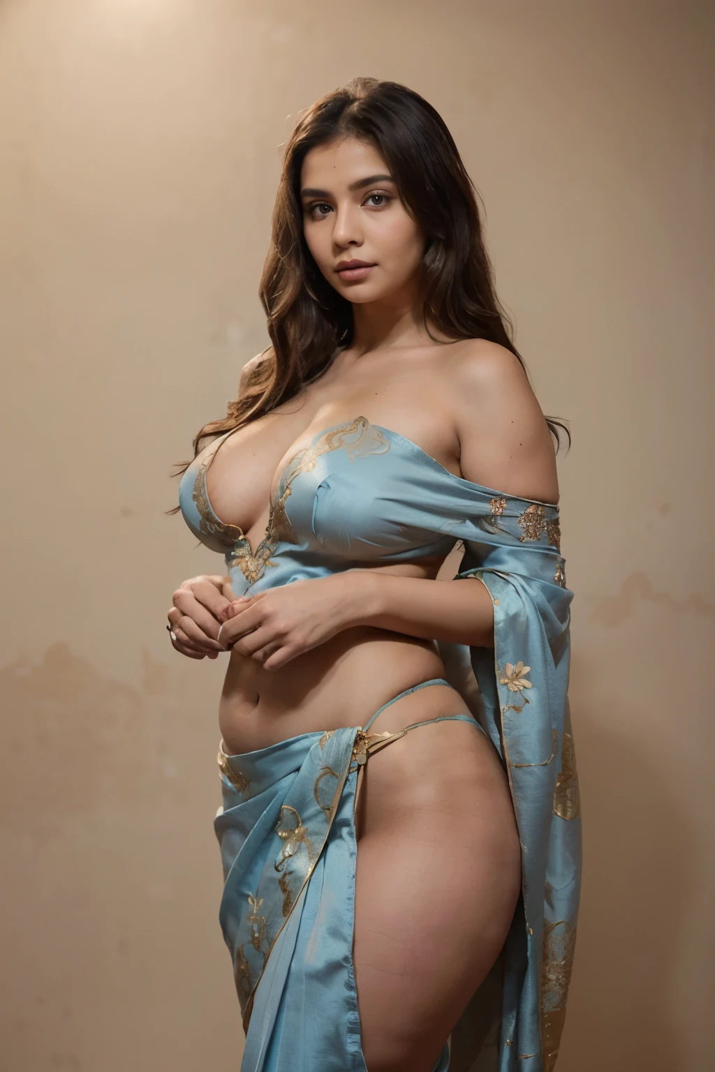((Indian 30 year old milf)),(( brown tan toned skin)),((both eyes blue colour)),((brunette curly long hair)), standing,plum roundish cheeks,((having perfect hour glass figure)),((perfect round ,big wide ass)),((looking straight to camera)),((Wearing floral gold embroidery saree with shawl hanging over the shoulder exposing cleavage)),((perfect round boobs)),((silky hair)),((8k quality,realistic high quality)),((nice curvy body)), ((perfect hands)), ((perfect legs)), ((perfect fingers)), ((smooth skin)),((in a plain colour background photoshoot)),sensual expression,((ultra realistic photo)),((perfect ambient lighting))