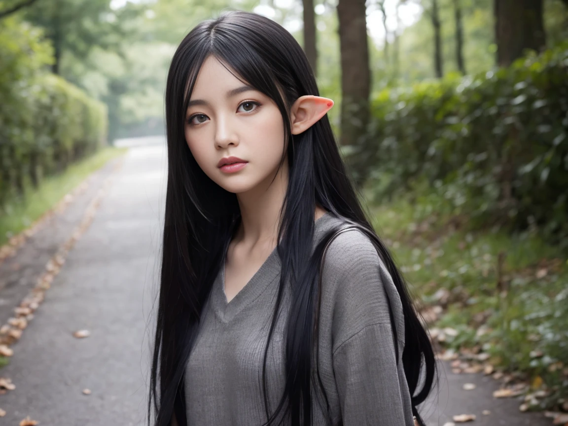 ８Old Elf Girl、Medium-long black hair、Grey Eyes、Wearing only a man&#39;s black T-shirt、No bottoms worn、Dark bedroom、Provocative facial expression、Draw the whole body、Lying down